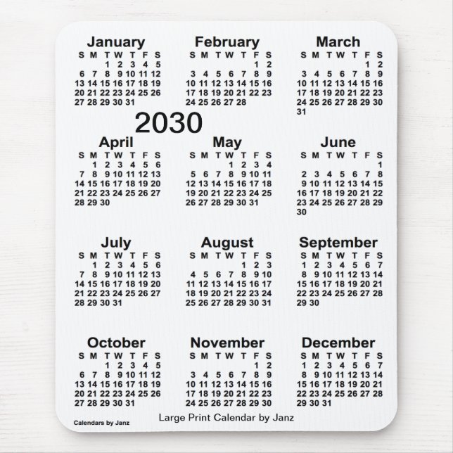 Mousepad Calendário de Impressão branco 2030 por Janz (Frente)