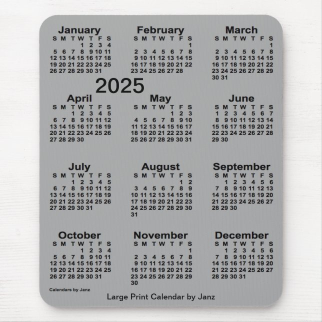 Mousepad Calendário de Impressão de Cinza 2025 de Janz (Frente)
