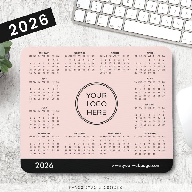 Mousepad Calendário de Logotipo Empresarial Rosa Claro 2026 (Criador carregado)