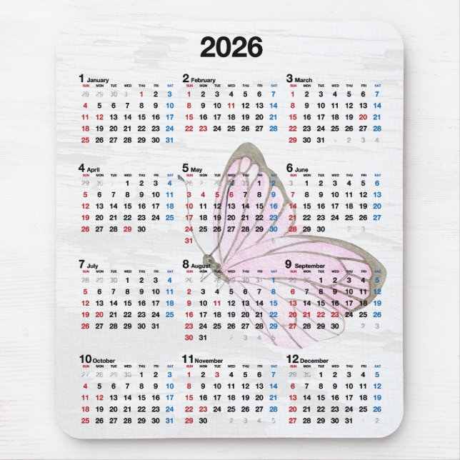 Mousepad Calendário do Ano 2026 e Borboleta Rosa  (Frente)