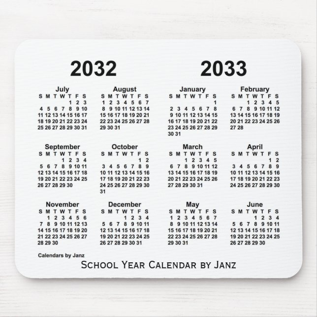 Mousepad Calendário do Ano da Escola Branca 2032-2033 por J (Frente)