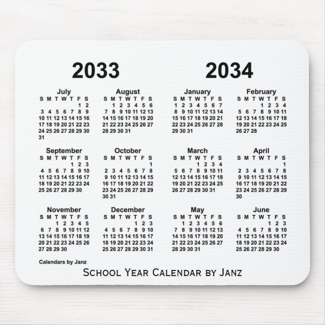 Mousepad Calendário do Ano da Escola Branca 2033-2034 por J (Frente)
