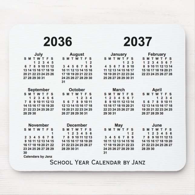 Mousepad Calendário do Ano da Escola Branca 2036-2037 por J (Frente)