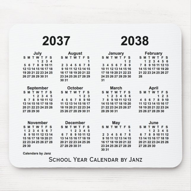Mousepad Calendário do Ano da Escola Branca 2037-2038 por J (Frente)