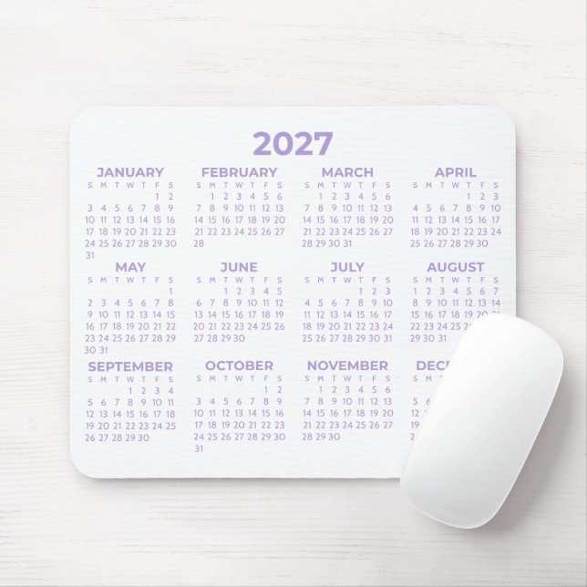Mousepad Calendário do Ano Inteiro 2027 Lavanda Roxo Branco (Com mouse)