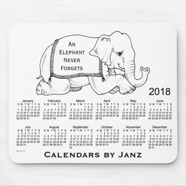 Mousepad Calendário do elefante 2018 branco pelo tapete do (Frente)