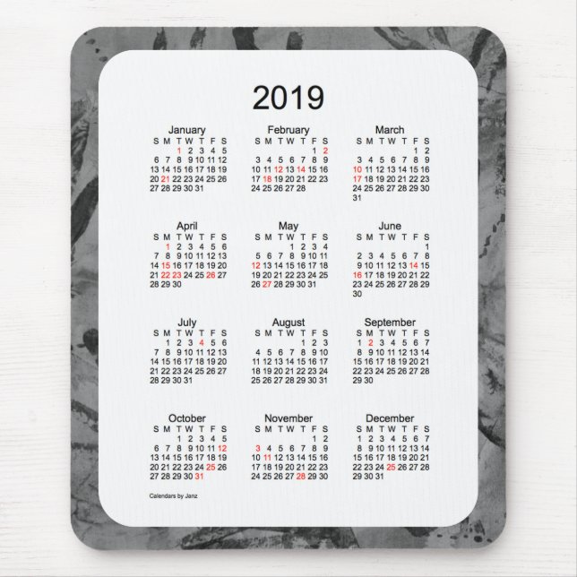 Mousepad Calendário do feriado da arte 2019 preta pelo (Frente)
