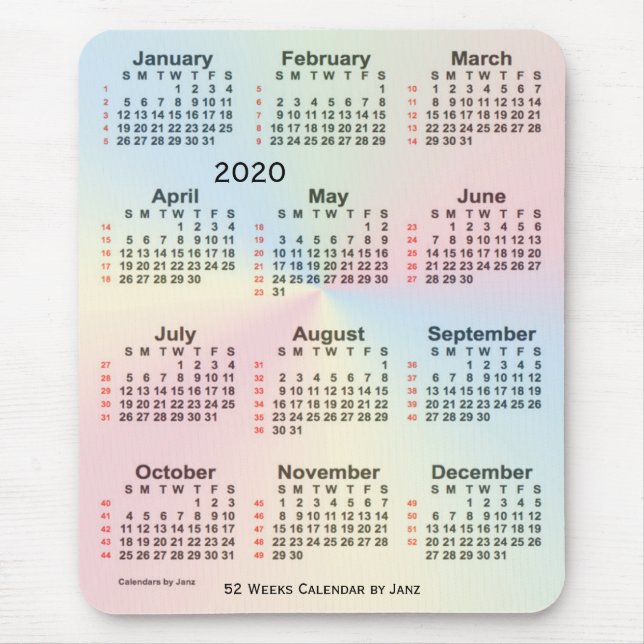 Mousepad Calendário do Impressão Rainbow 2020 de 52 semanas (Frente)
