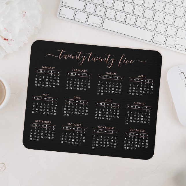 Mousepad Calendário do Modern Trendy Script Black Rosa Dour (Criador carregado)