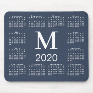 Mousepad Calendário do Monograma Branco e Azul de Marinho S