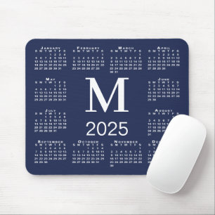 Mousepad Calendário do Monograma Branco e Azul do marinho 2