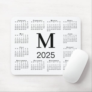 Mousepad Calendário do Monograma Preto 2025 em Branco