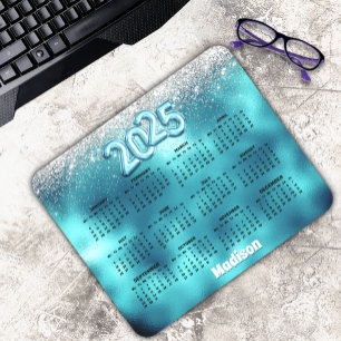 Mousepad Calendário dos monogramas 2025 da turquesa branca