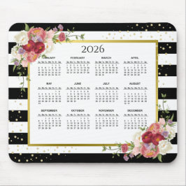 Mousepad Calendário Dourado Floral com Striped White Preta 