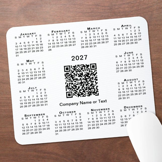 Mousepad Calendário Empresarial Código QR Simples 2027 Bran (Simple 2027 Calendar Business QR Code White Mouse Pad in situ)