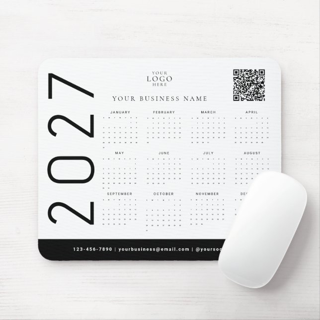 Mousepad Calendário Empresarial Preto Branco 2027 Logotipo  (Com mouse)