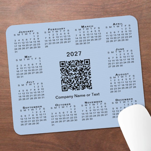 Mousepad Calendário Empresarial QR Code Azul Claro Simples  (Simple 2027 Calendar Business QR Code Light Blue Mouse Pad
in situ)