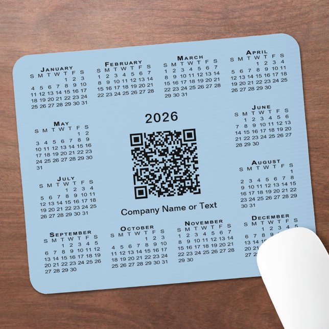Mousepad Calendário Empresarial QR Code Azul Claro Simples  (Simple 2026 Calendar Business QR Code Light Blue Mouse Pad, in situ)