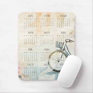 Mousepad Calendário Floral de Bicicleta em Aquarela Vintage