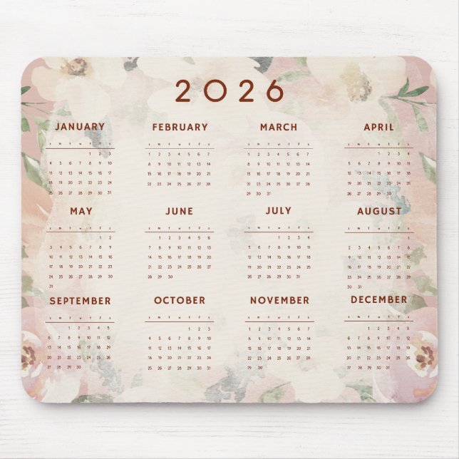 Mousepad Calendário Floral Fofo de 2026 (Frente)