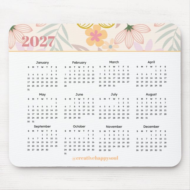 Mousepad calendário floral simples moderno anual 2027 para  (Frente)