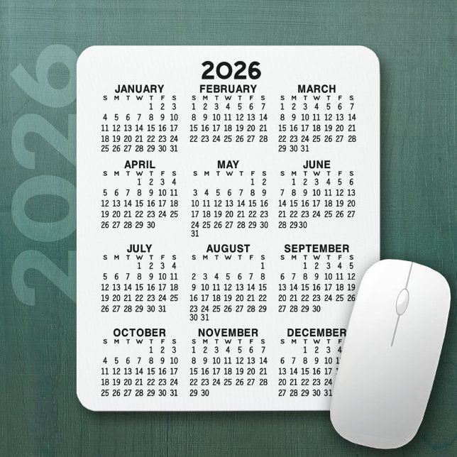 Mousepad Calendário - fundo branco - Vertical (2026 Calendar Mousepad)