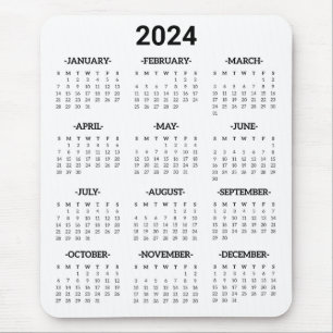 Mousepad Calendário geral de 2024 anos preto e branco simpl