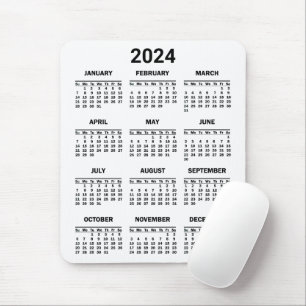 Mousepad Calendário geral de 2024 anos preto e branco simpl