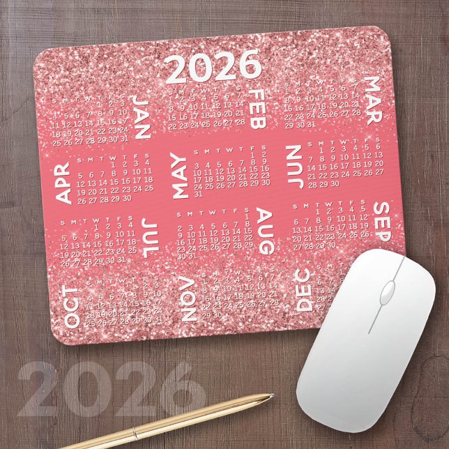 Mousepad Calendário - impressão de brilho rosa (2026 Calendar on a Mousepad)