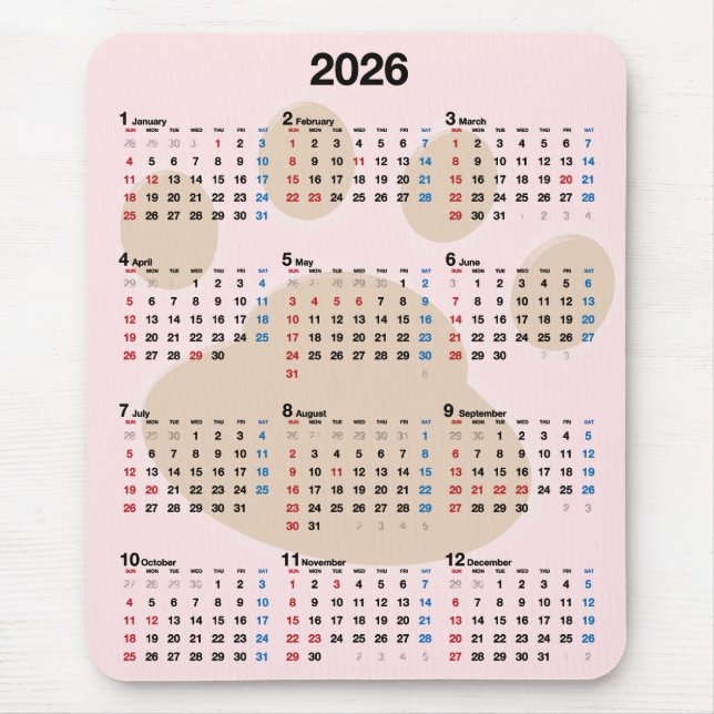 Mousepad Calendário Impressão Pata de Cachorro 2027 (Frente)