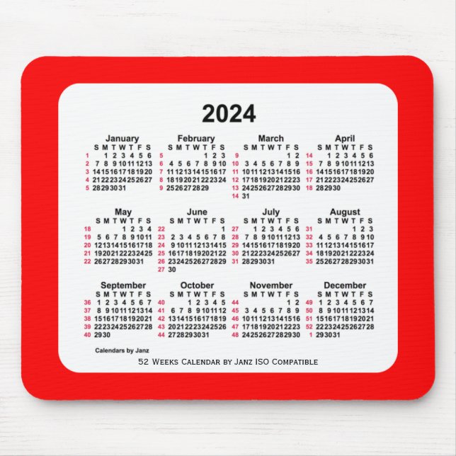 Mousepad Calendário ISO 2024 Red 52 Weeks por Janz Dois Ton (Frente)