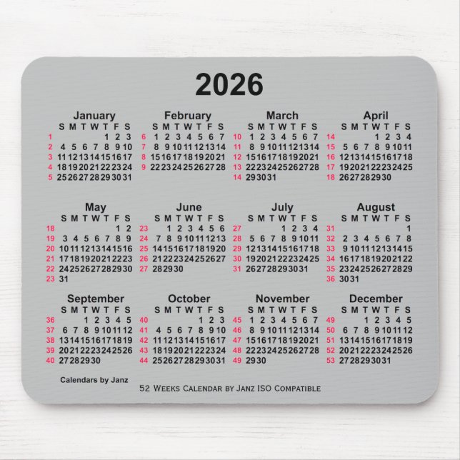 Mousepad Calendário ISO 2026 Silver 52 Semanas por Janz (Frente)