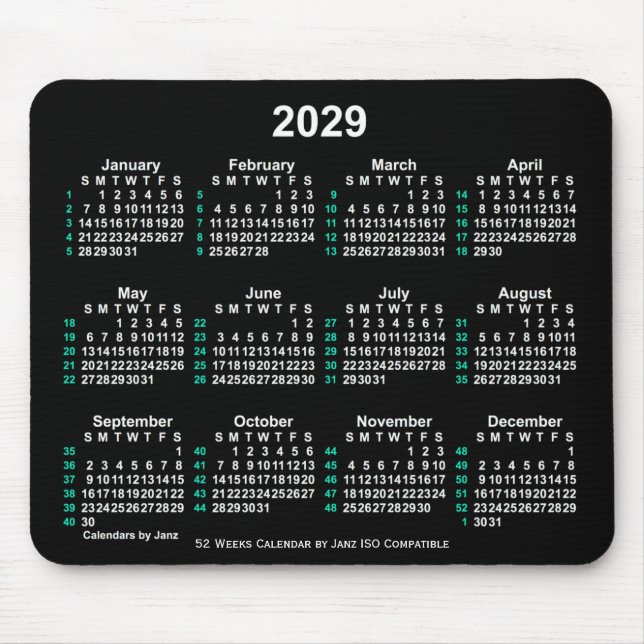 Mousepad Calendário ISO 2029 Neon White 52 Semanas por Janz (Frente)