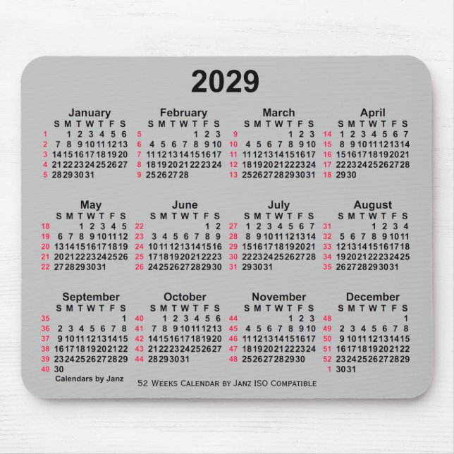 Mousepad Calendário ISO 2029 Silver 52 Semanas por Janz (Frente)