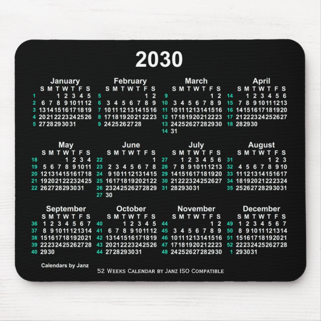 Mousepad Calendário ISO 2030 Neon White 52 Semanas por Janz (Frente)