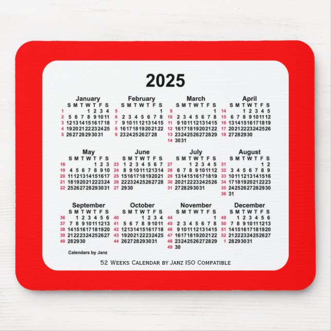 Mousepad Calendário ISO de 2025 Red 52 Semanas por Janz Doi (Frente)