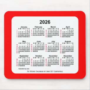 Mousepad Calendário ISO de 2026 Red 52 Semanas por Janz Doi