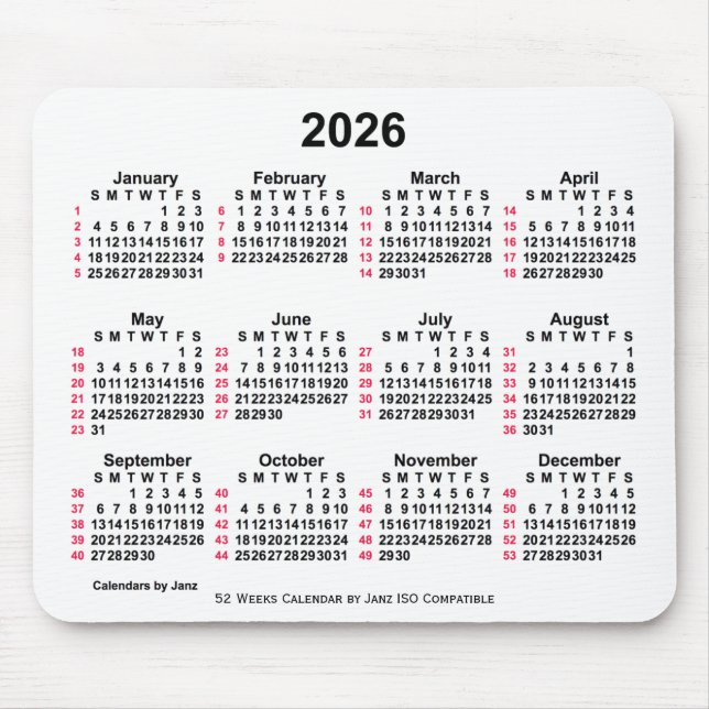 Mousepad Calendário ISO de 2026 White 52 Semanas por Janz (Frente)