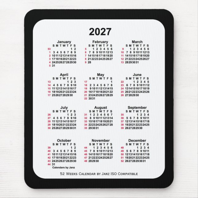 Mousepad Calendário ISO de 2027 Black 52 Weeks por Janz Dua (Frente)