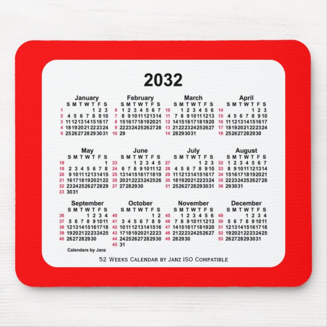 Mousepad Calendário ISO de 2032 Red 52 Semanas por Janz Doi (Frente)