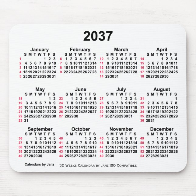 Mousepad Calendário ISO de 2037 White 52 Semanas por Janz (Frente)