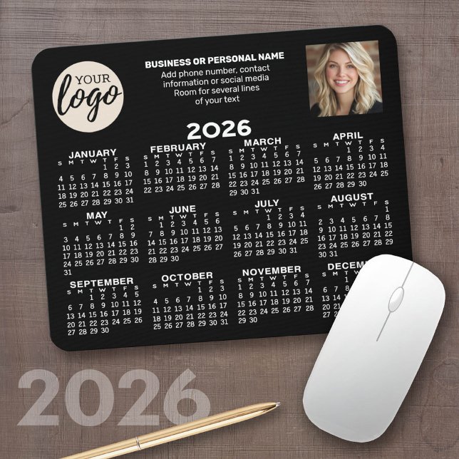 Mousepad Calendário - logotipo, foto, contato comercial - p (2026 Calendar on a computer mousepad)