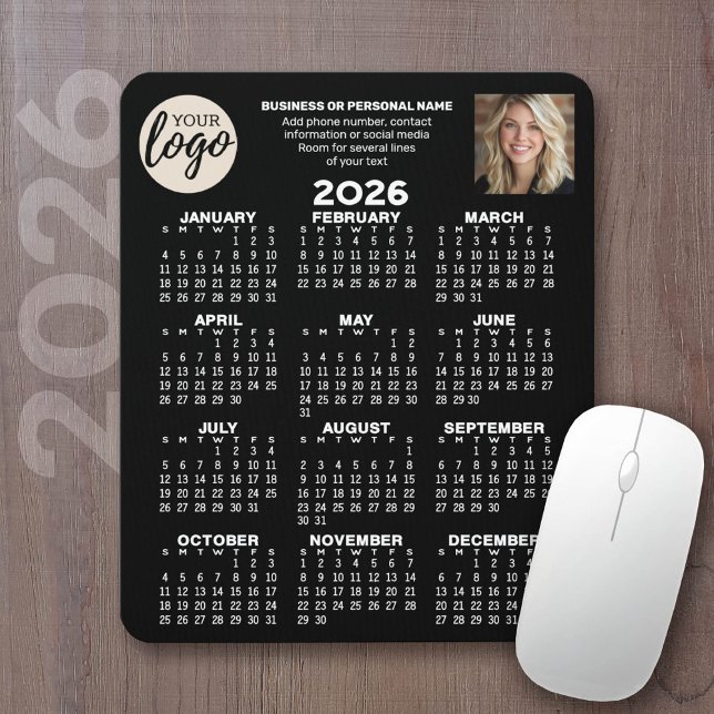 Mousepad Calendário - logotipo, foto, contato comercial - p (2026 Calendar on a mousepad - add your logo and photo plus business information)
