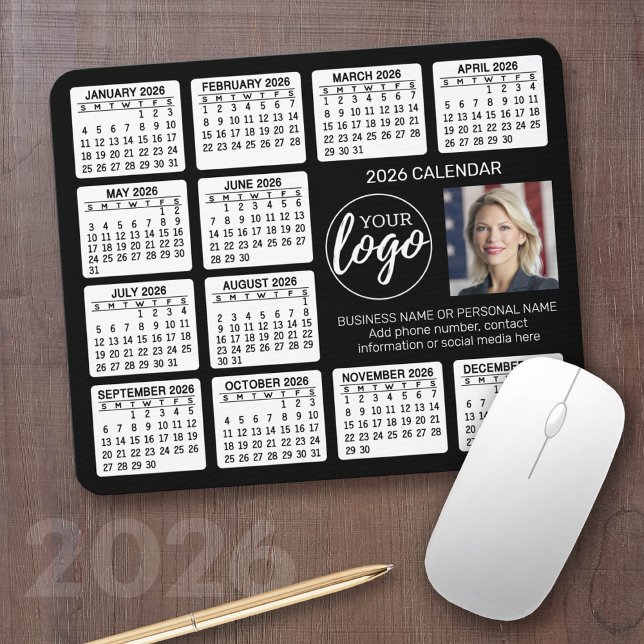 Mousepad Calendário - logotipo, foto-empresa (2026 Calendar with your logo or photos - Great Business Gift or Home Office Decor)