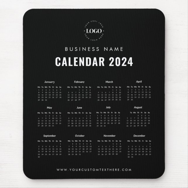 Mousepad Calendário magnético mínimo preto e branco 2024 (Frente)