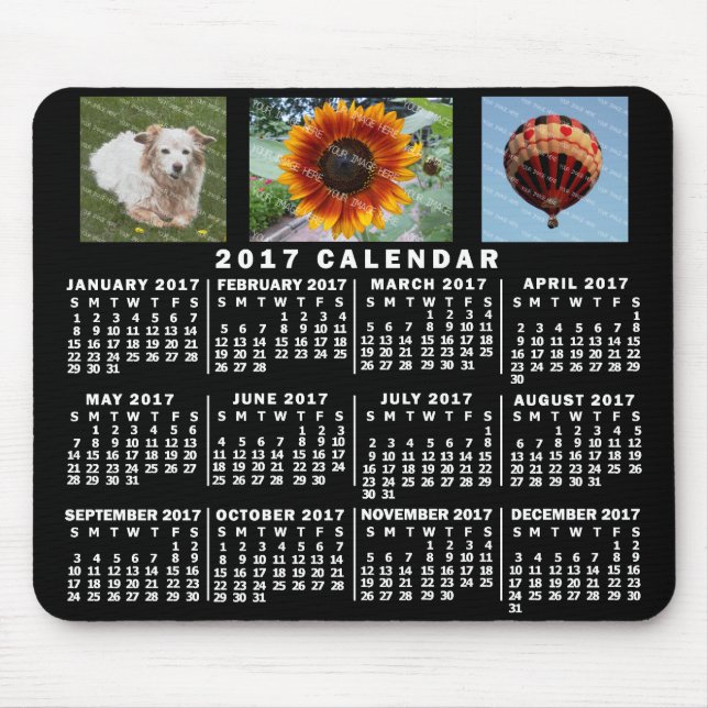 Mousepad Calendário Mensal 2017 Preto 3 Fotos Personalizada (Frente)