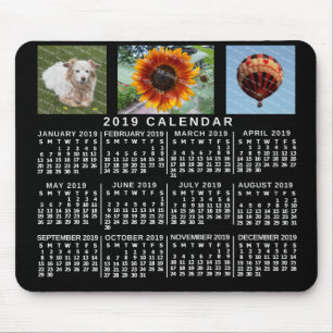 Mousepad Calendário Mensal 2019 Preto 3 Fotos Personalizada