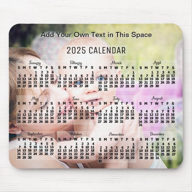 Mousepad Calendário Mensal 2025 Ano Texto Preto Adicionar F (Frente)