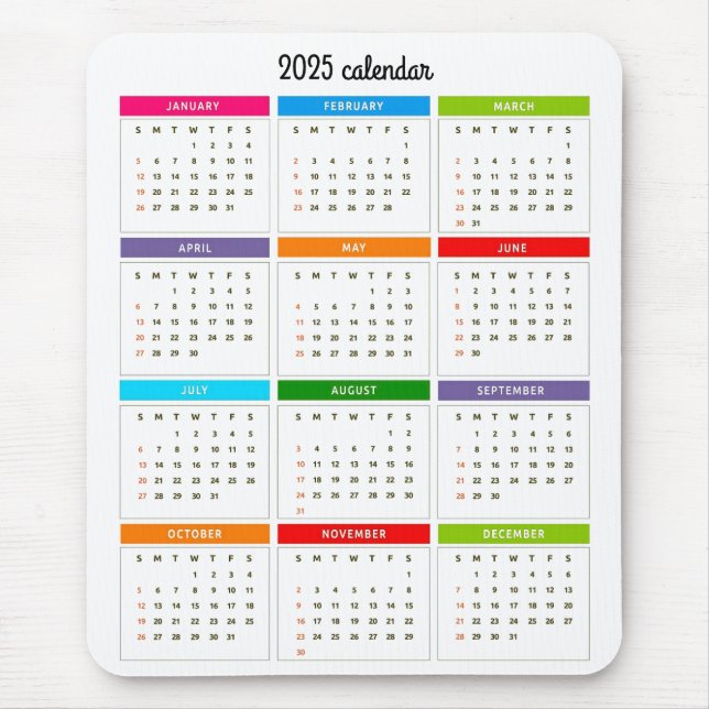 Mousepad Calendário Mensal Colorido de 2025 (Frente)