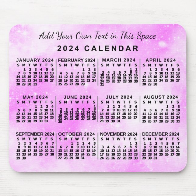 Mousepad Calendário Mensal Cor de Água Rosa Rosa 2024 Anos  (Frente)